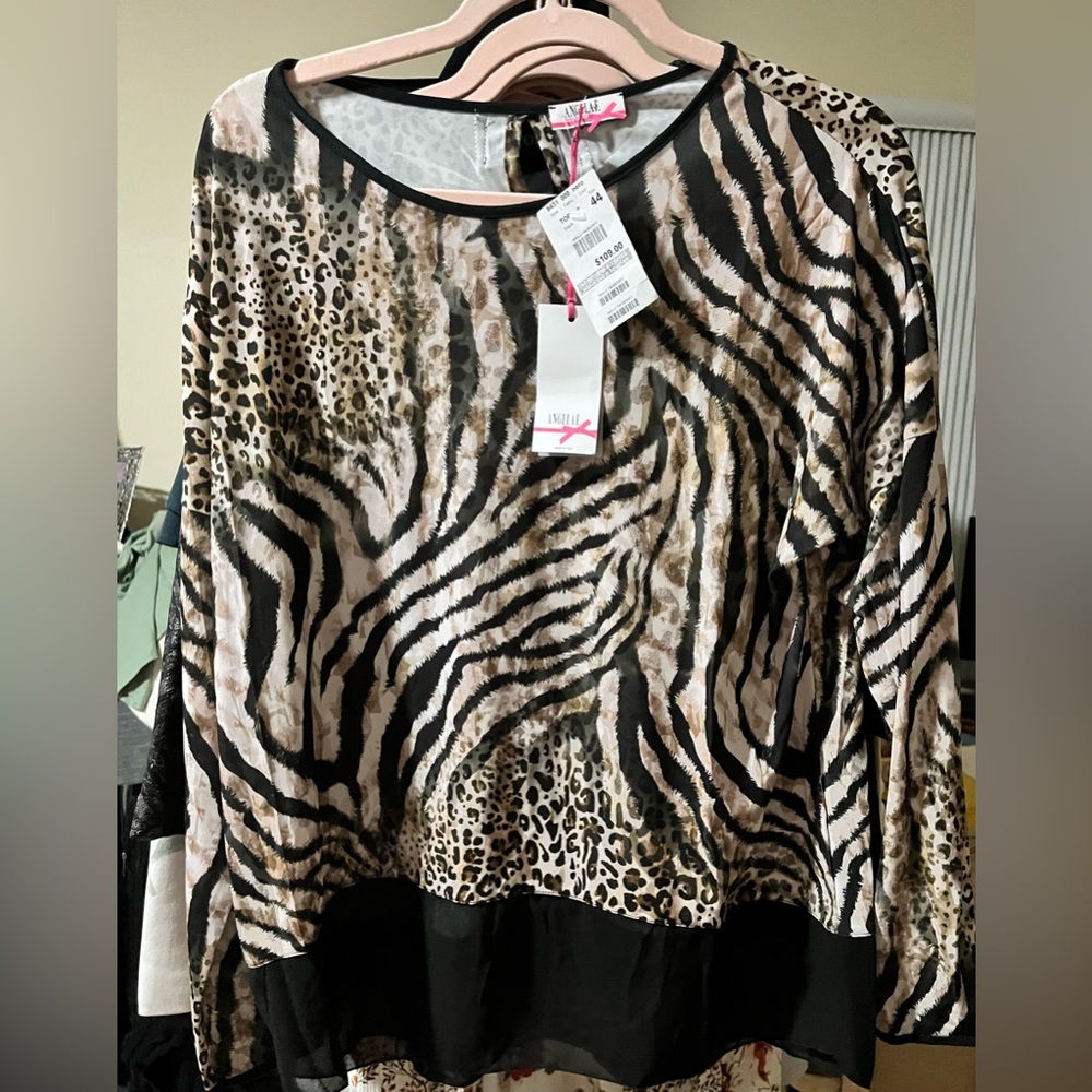 Angela F Black and Brown Animal Print Top, Made in Italy